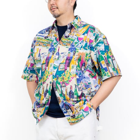 【USED】1990s KAHALA : Cotton Napa Wine Pattern Regular S/S Shirt (Made in USA) : XL