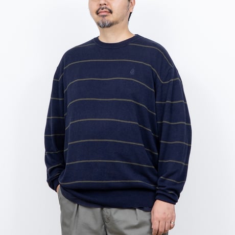 【USED】1990s nautica : Rayon Cotton Border Crew Sweater : XXL