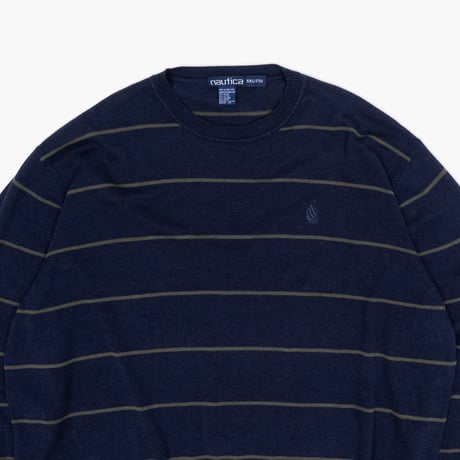 【USED】1990s nautica : Rayon Cotton Border Crew Sweater : XXL