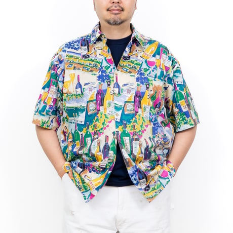 【USED】1990s KAHALA : Cotton Napa Wine Pattern Regular S/S Shirt (Made in USA) : XL