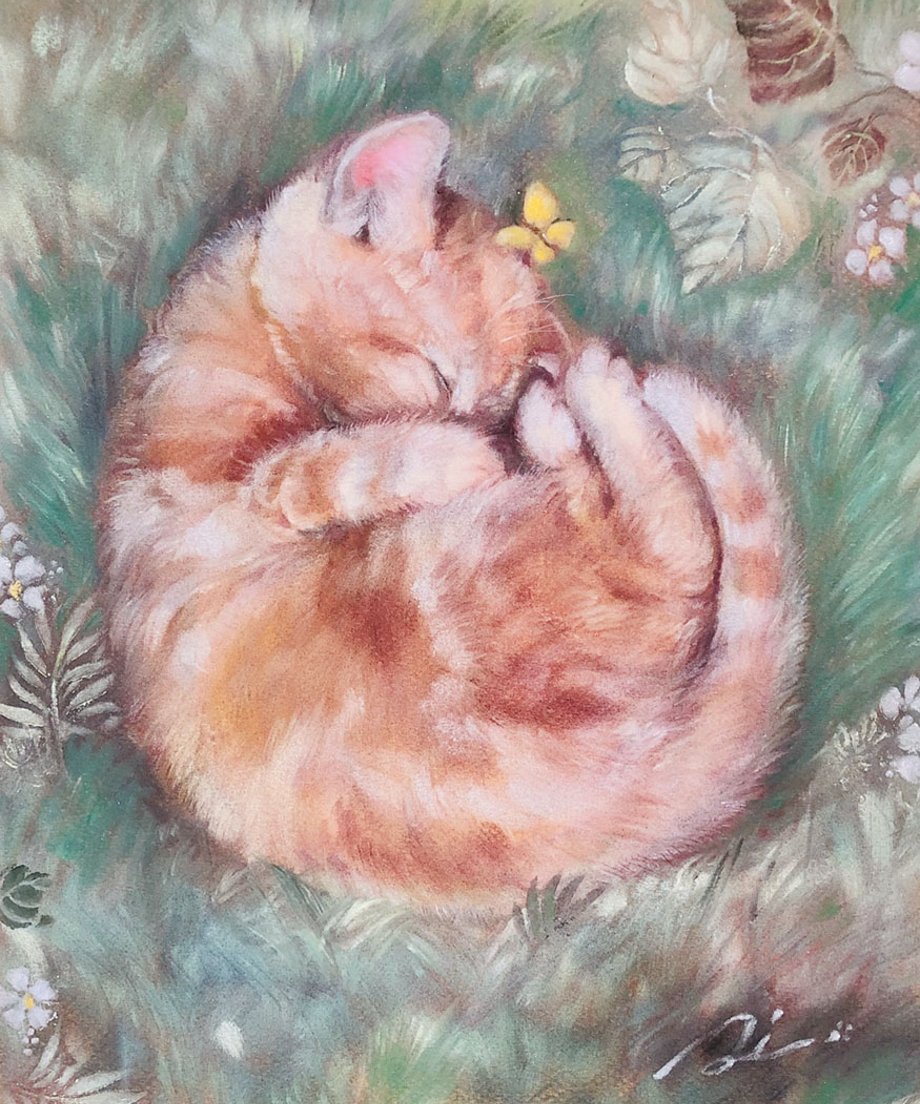 原田愛「小さな寝息」眠る猫を描いたパステル画