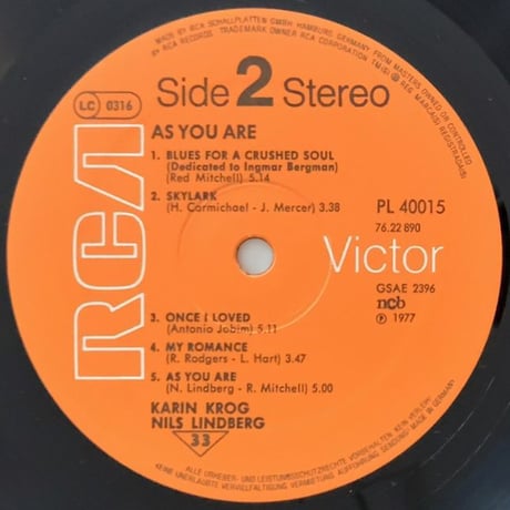 KARIN KROG & NILS LINDBERG - As You Are (RCA PL40015)