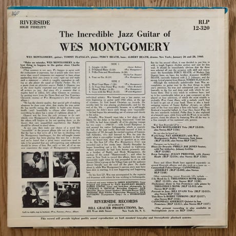 WES MONTGOMERY - The Incredible Jazz Guitar of (RIVERSIDE RLP12-320)