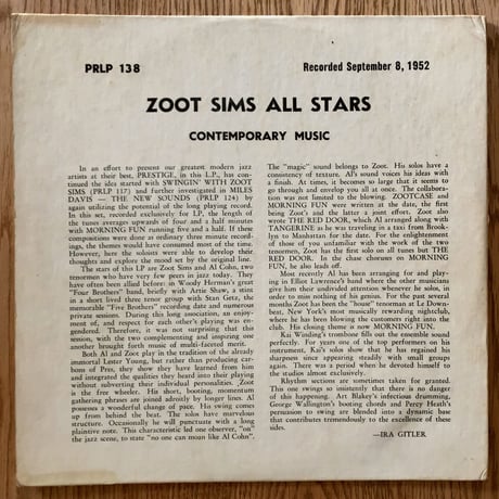 ZOOT SIMS - Contemporary Music (PRESTIGE PRLP138)