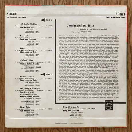 V.A.(Rob Madna, Rita Reys, Tony Vos, etc.) - Jazz Behind The Dikes (PHILIPS P10078R)