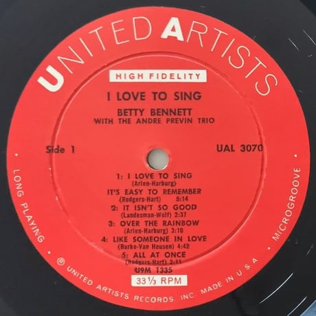 BETTY BENNETT - I Love to Sings (UNITED ARTISTS UAL3070)