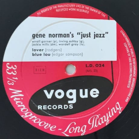 ERROLL GARNER, WARDELL GRAY, HOWARD McGHEE - Gene Norman's Just Jazz (VOGUE L.D.024)