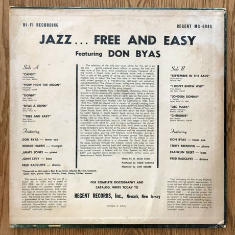 DON BYAS - Jazz… Free and Easy (REGENT RMG6044)
