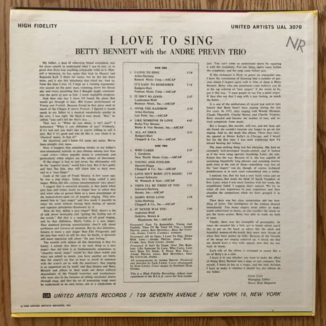 BETTY BENNETT - I Love to Sings (UNITED ARTISTS UAL3070)