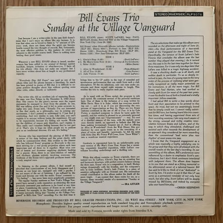 BILL EVANS - Sunday at The Village Vanguard (INTERDISC/RIVERSIDE RLP9376)
