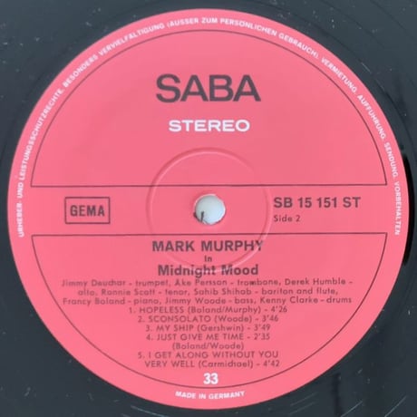 MARK MURPHY - Midnight Mood (SABA SB15151ST)