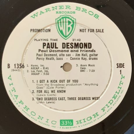 PAUL DESMOND - "First Place Again" Playboy (WARNER BROS. W1356) Promo