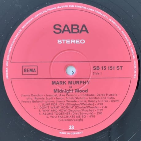 MARK MURPHY - Midnight Mood (SABA SB15151ST)