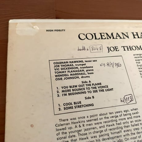 COLEMAN HAWKINS - feat. Joe Thomas & Vic Dickenson (SWINGVILLE SVLP2005)