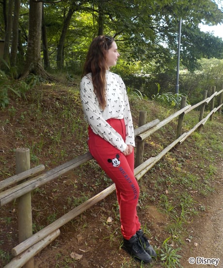 Mickey Mouse embroidery denim pants / red