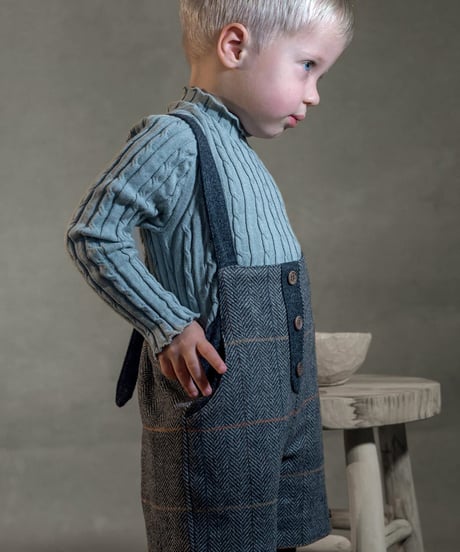 Popelin - Mod.7.4 Grey herringbone woollen dungarees with crossover straps and pockets