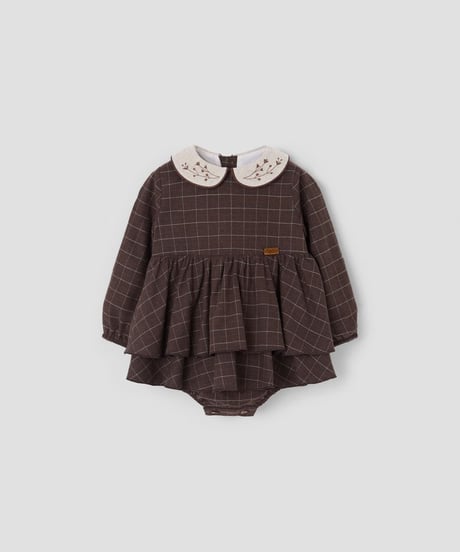 Popelin - Mod.3.3 Brown romper suit with double layer skirt and embroidered baby collar