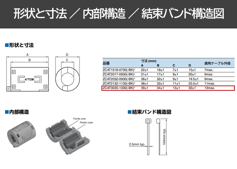 ZCAT3035-1330(TDKラムダ製) | クランプフィルタ | バンド固定タイプ |