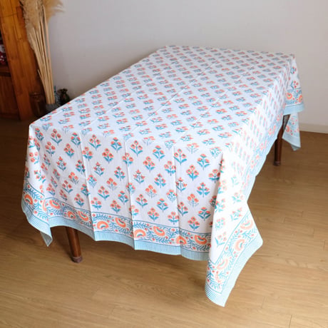 マルチクロス　約152×228㎝　インド綿　ブロックプリント　オレンジフラワー