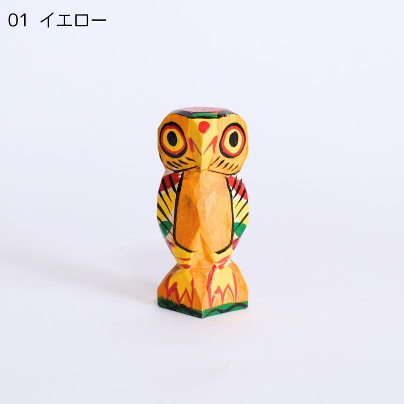 木製オブジェ フクロウ イエロー/レッド | インド雑貨のお店