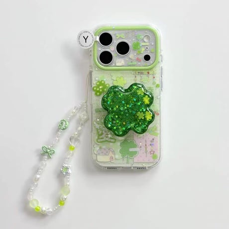 3点セット🍀キラキラクローバーグリップ平成風デコiPhoneケース