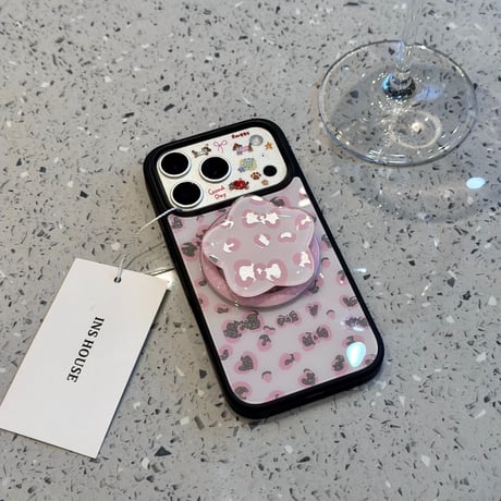 レオパードリボン柄グリップ付きiPhoneケース