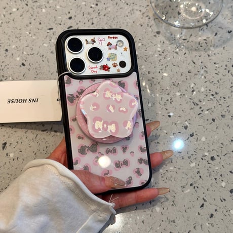 レオパードリボン柄グリップ付きiPhoneケース