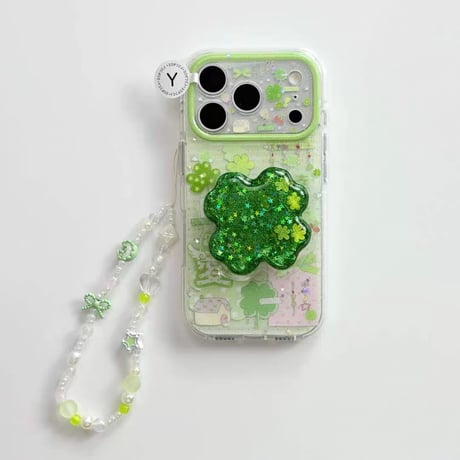 3点セット🍀キラキラクローバーグリップ平成風デコiPhoneケース