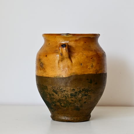 フランス 古い黄釉の耳付コンフィポット W:21.5cm（補修あり）