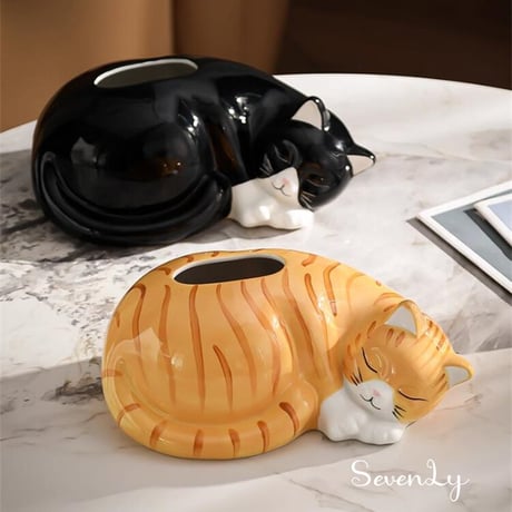 猫型陶器ティッシュケース ハチワレ/茶トラ