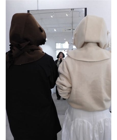 MARGE "Wool cashmere flower motif hooded scarf"  brown