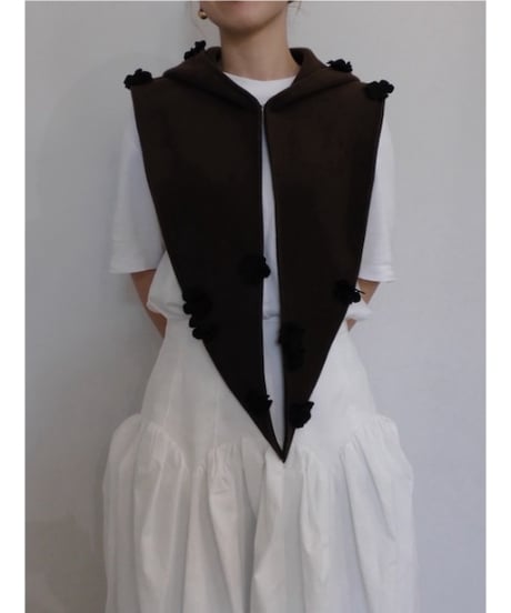 MARGE "Wool cashmere flower motif hooded scarf"  brown