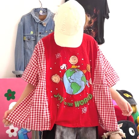 Tシャツ×チェックブラウス