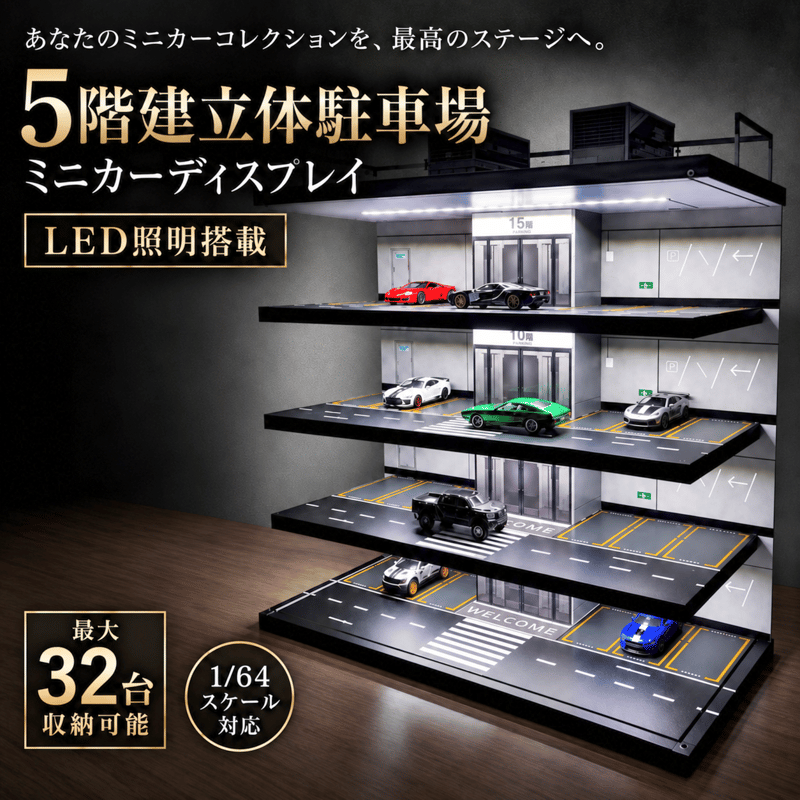 ミニカー　ディスプレイ　5階建立体駐車場　LED照明搭載　1/64スケール ミニカー ディスプレイ 5階建立体駐車場 LED照明搭載 1/64スケール
