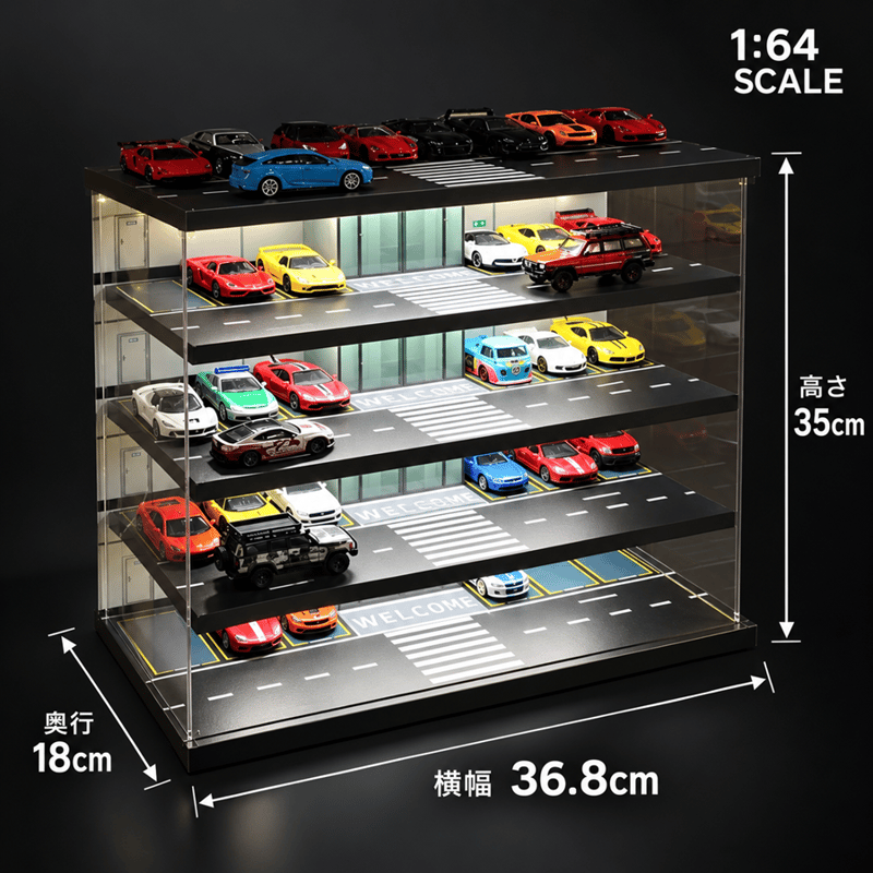 コレクション BOX LED照明付 ケース 5段 1/64 ミニカー フィギュア ミニカー ディスプレイ 5階建立体駐車場 LED照明搭載 1/64スケール
