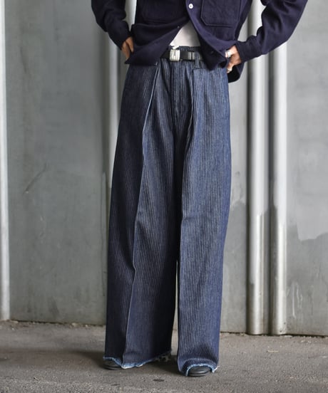 saby TUCK BAGGY TYPE 3 - Stripe Jacquard  Denim One Wash -