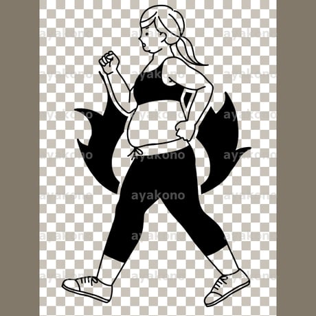 ウォーキングしている肥満女性と燃焼イメージ-黒【PNG】