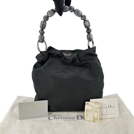 DIOR マリス パール ナイロン レザー ブラック ハンドバッグ ヴィンテージ カード付き