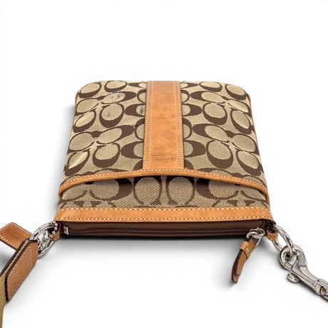 COACH シグネチャー ヘリテージ ストライプ キャンバス レザー ブラウン ショルダーバッグ F18926