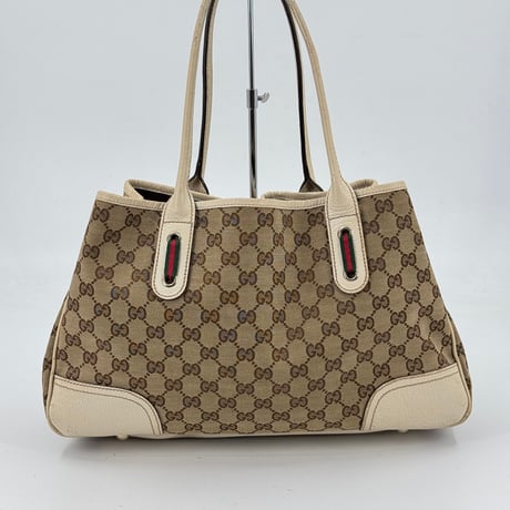 GUCCI GGキャンバス シェリライン ベージュ×ホワイト トートバッグ 163805 213048