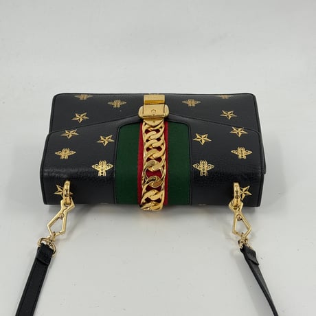 GUCCI シヴィ ビー＆スター ブラックレザー ミニショルダーバッグ 5244054 93075