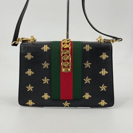 GUCCI シヴィ ビー＆スター ブラックレザー ミニショルダーバッグ 5244054 93075