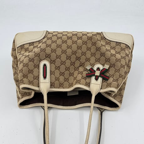 GUCCI GGキャンバス シェリライン ベージュ×ホワイト トートバッグ 163805 213048