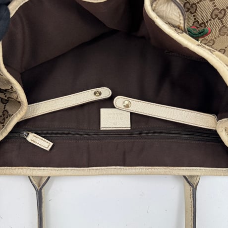 GUCCI GGキャンバス シェリライン ベージュ×ホワイト トートバッグ 163805 213048