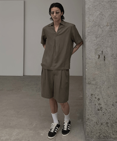 Linen Blend V-Neck Open Collar Loose Shirt  / 2color