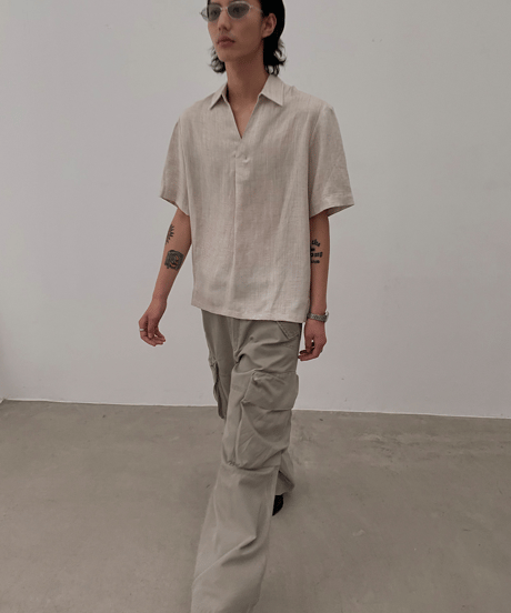 Linen Blend V-Neck Open Collar Loose Shirt  / 2color