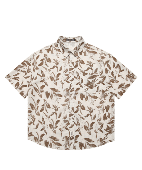 Vintage Leaf Print Loose Short Sleeve Shirt / 2color