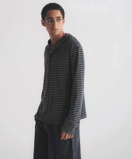 Vintage Stripe Henley Neck Knit Hooded Long Sleeve Top / 2color