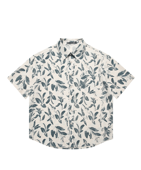 Vintage Leaf Print Loose Short Sleeve Shirt / 2color