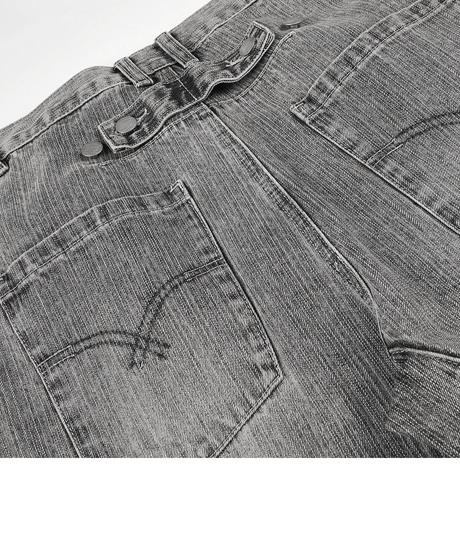 Washed Curved Silhouette Wide Denim Pants